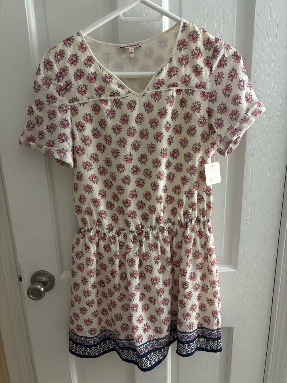 Juicy Couture Cream Dress with Pink Floral Print and Navy Hem